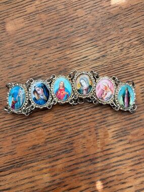 Religious Multi-Medal Silver-Tone Bracelet with Blue and Pink Accents